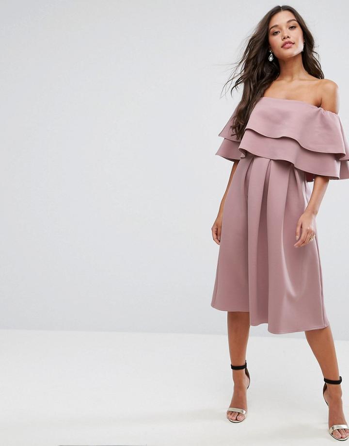 Asos Ruffle Off Shoulder Midi Dress - Multi