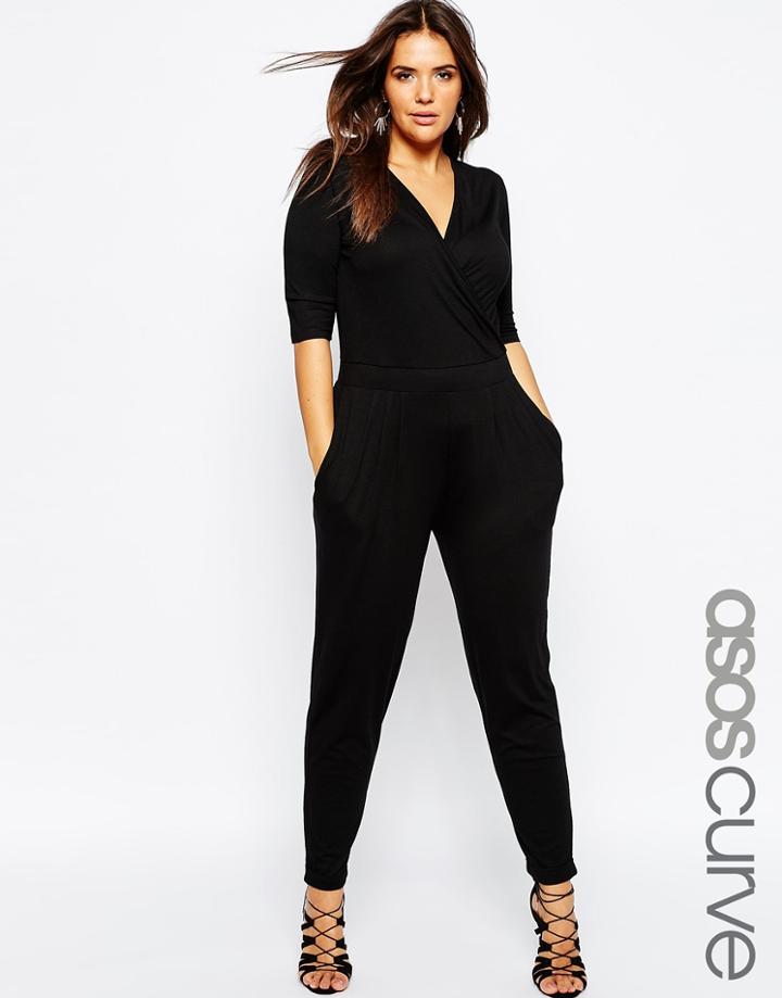 Asos Curve Wrap Jumpsuit With 3/4 Sleeve - Black