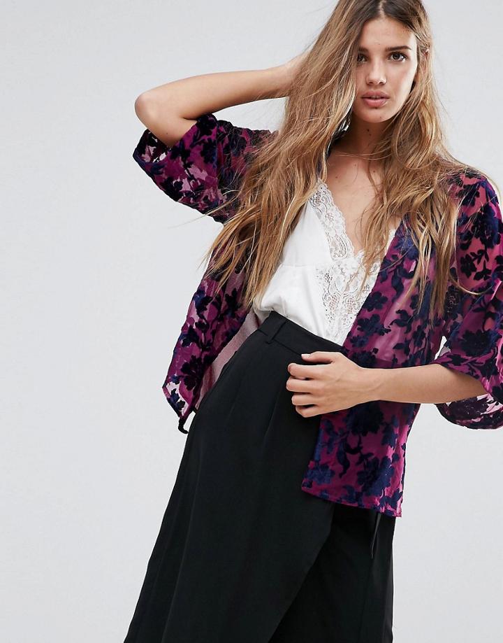 Neon Rose Floral Burnout Kimono - Pink