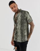 The Couture Club Revere Collar Shirt In Green Snakeskin - Green
