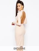 Naanaa High Neck Midi Body-conscious Dress With Open Back - Nude