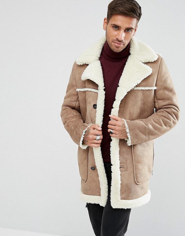 Asos Faux Shearling Coat In Camel - Tan