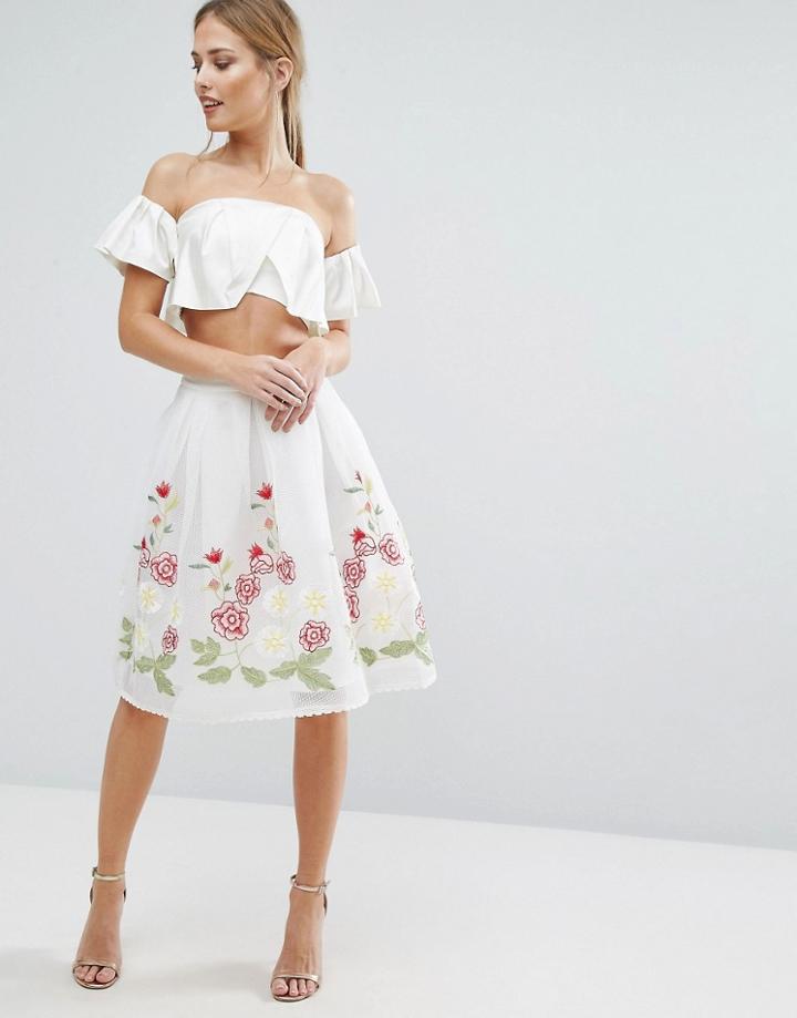 Endless Rose Midi Skirt With Embroidered Hem - White