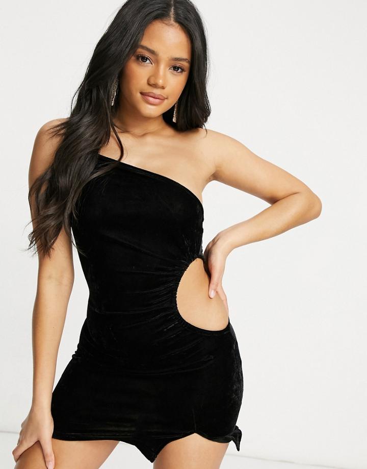 Parisian One Shoulder Cut Out Velvet Dress In Black