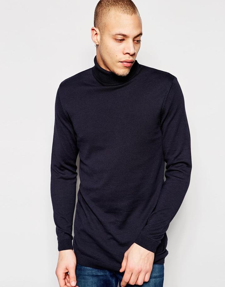 Asos Longline Roll Neck Jumper In Cotton - Navy