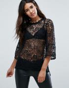 Ax Paris Crochet Bell Sleeve 3/4 Top - Black