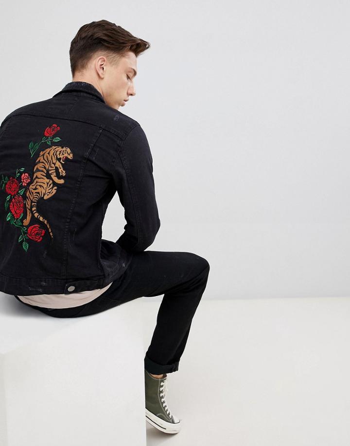 Brave Soul Black Denim Jacket With Tiger Embroidery - Black