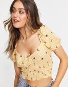 Stradivarius Floral Shirred Milkmaid Top Set In Yellow Gingham