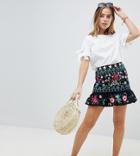 Asos Design Petite Star Embroidered Mini Skirt With Pep Hem - Black