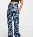 Stradivarius Petite Printed Dad Jeans In Blue Retro Print