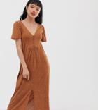 Asos Design Petite Jersey Crepe Maxi Tea Dress With Self Covered Buttons In Brown Spot-multi
