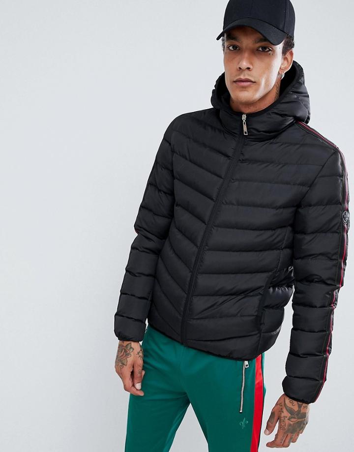 Criminal Damage Puffer Jacket In Black With Stripe - Black