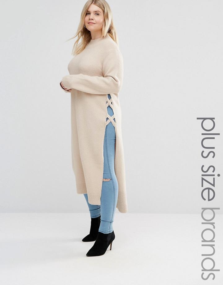 Alice & You Long Sleeve Longline Knitted Dress With Cage Side Detail - Gray