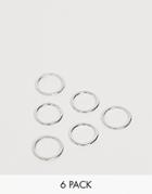 Asos Design Pack Of 6 Rings In Smooth And Texture In Silver Tone - Silver