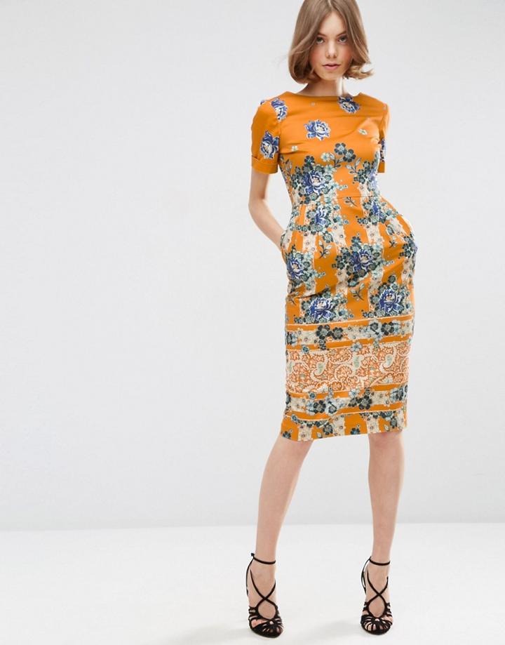 Asos Border Print Wiggle Dress In Placement Floral Print - Multi