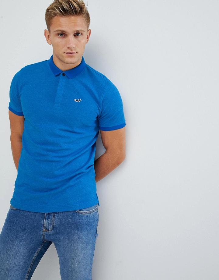 Hollister Modern Tonal Collar Icon Logo Pique Polo In Light Blue Marl - Blue