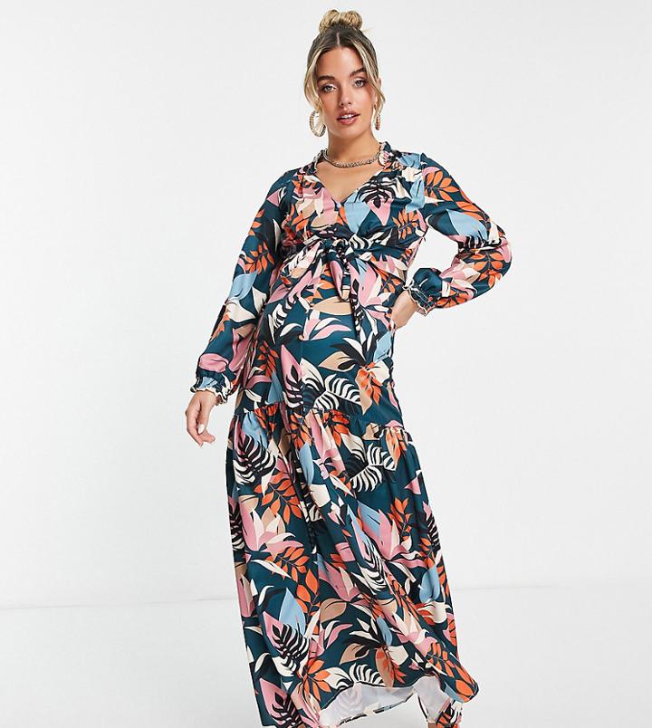 Little Mistress Maternity Balloon Sleeve Maxi Tea Dress In Botanical Print-multi
