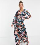 Little Mistress Maternity Balloon Sleeve Maxi Tea Dress In Botanical Print-multi
