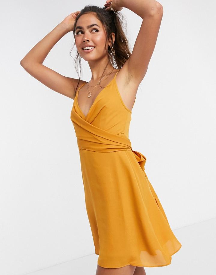 Asos Design Cami Wrap Mini Dress With Tie Waist In Winter Ochre-yellow