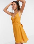 Asos Design Cami Wrap Mini Dress With Tie Waist In Winter Ochre-yellow