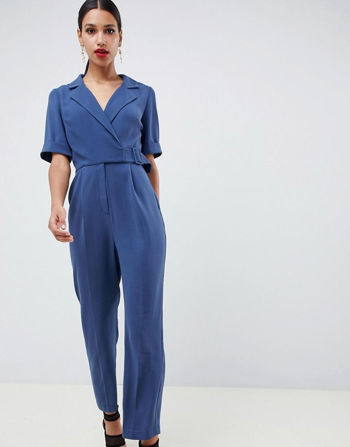Asos Design Wrap Jumpsuit With Self Buckle - Gray