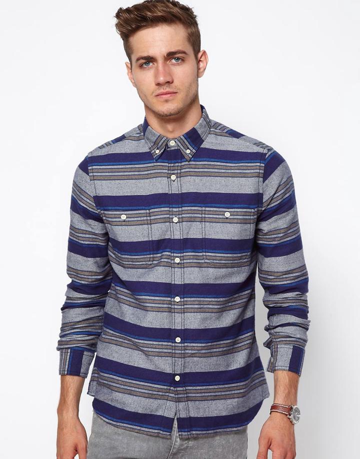 Asos Stripe Shirt In Heavy Twill - Navy