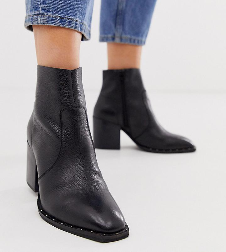Asos Design Wide Fit Restore Leather Studded Block Heel Boots In Black