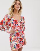Asos Design Button Through Mini Dress With Statement Sleeve In Painted Floral Print-multi