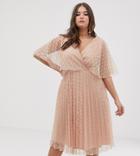 Asos Design Curve Flutter Sleeve Pleat And Lace Midi Dress-pink
