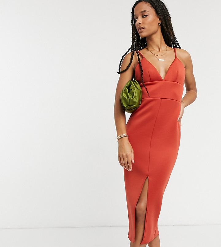 True Violet Exclusive Body-conscious Midi Dress With Front Split In Warm Red-brown