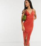 True Violet Exclusive Body-conscious Midi Dress With Front Split In Warm Red-brown