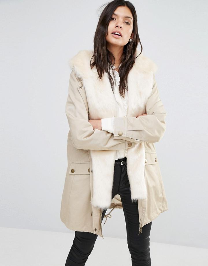 Little Mistress Parka With Faux Fur Hood - Cream
