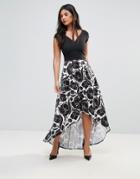 City Goddess Hi Lo Midi Prom Dress With Floral Print Skirt - Black