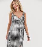 Asos Design Maternity Linen Wrap Mini Sundress With Wooden Rings In Mono Gingham - Multi