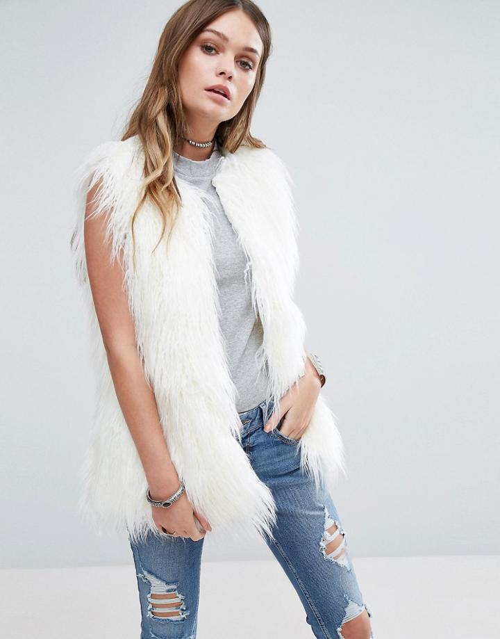 Brave Soul Faux Fur Vest - Cream