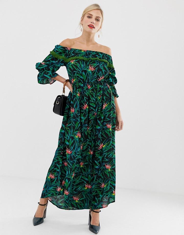 Liquorish Bardot Maxi Dress With Frill Detail In Tropical Print - Multi