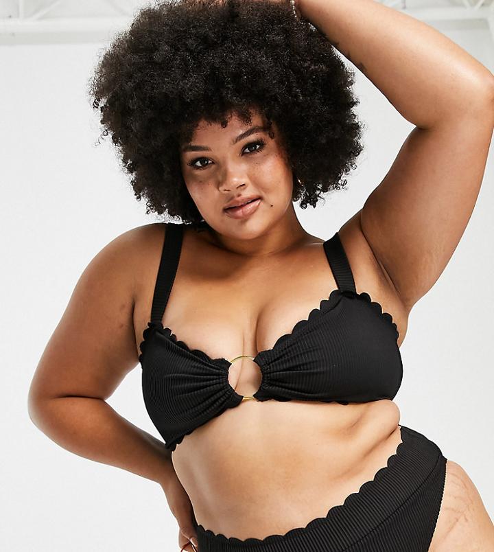 South Beach Curve Exclusive Mix And Match Scallop Bandeau Bikini Top In Black