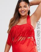 Monif C Curve Red Fringed Bikini Top - Red