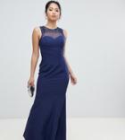 Little Mistress Petite Embellished Neck Pleated Maxi Dress In Navy - Navy