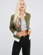 Daisy Street Bomber Jacket With Patches - Green