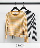 Monki Ursula Organic Blend Cotton 2 Pack Long Sleeve T-shirt In Black And Yellow Stripe-multi