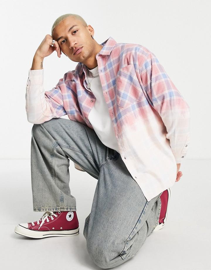 Topman Oversized Bleached Plaid Shirt In Pink