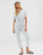 Asos Design Kimono Sleeve Button Through Soft Denim Jumpsuit With Belt-blue