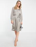 French Connection Camina Square Neck Satin Dress In Beige-neutral
