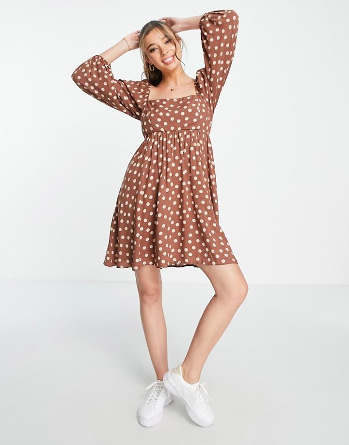 New Look Sweetheart Smock Dress Witth Puff Sleeves In Brown Polka Dot