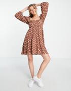 New Look Sweetheart Smock Dress Witth Puff Sleeves In Brown Polka Dot