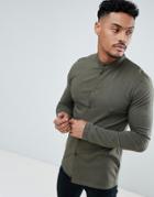 Boohooman Muscle Fit Jersey Shirt With Grandad Collar In Khaki - Green