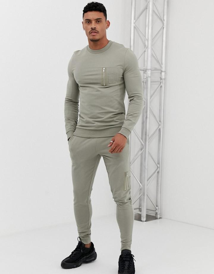 Asos Design Tracksuit Muscle Sweatshirt/ Skinny Sweatpants With Ma1 Pockets In Light Green - Green
