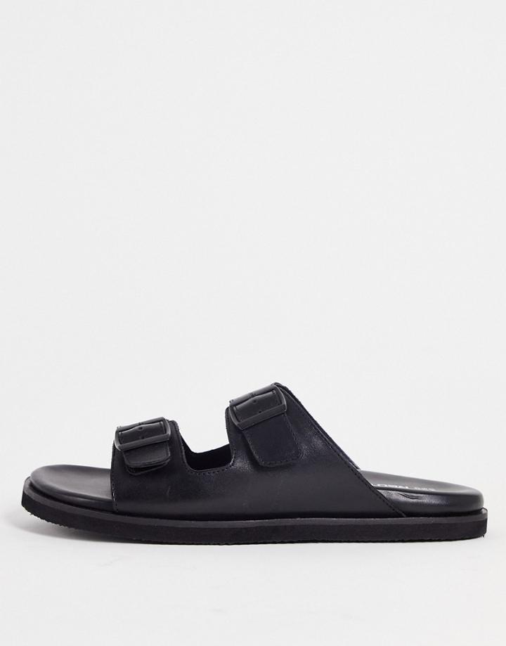 Red Tape Double Buckle Slide Sandals In Black Leather