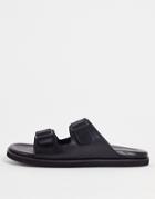 Red Tape Double Buckle Slide Sandals In Black Leather
